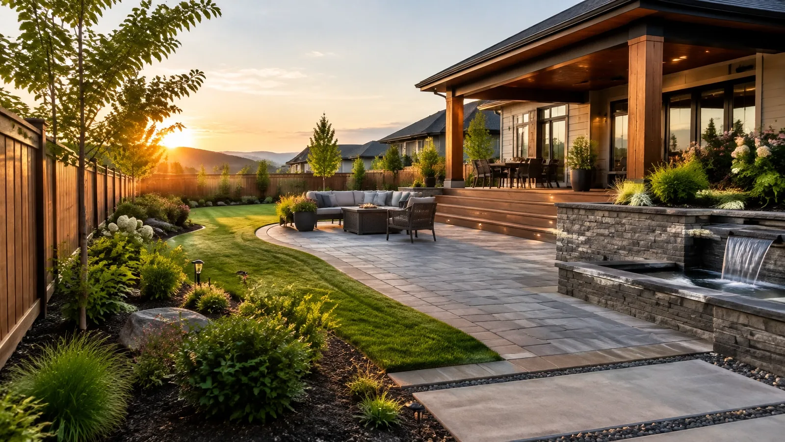 A finished outdoor landscape with layered planting and a structured hardscape path