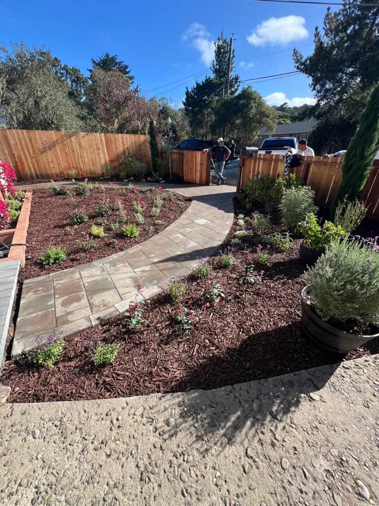 Curved paver walkway beside a mulch bed and wood fence